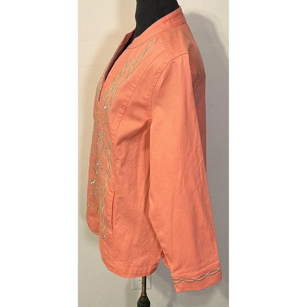 Quacker Factory Jacket Womens Medium Pink Embroidered Butterfly Floral Full Zip‎